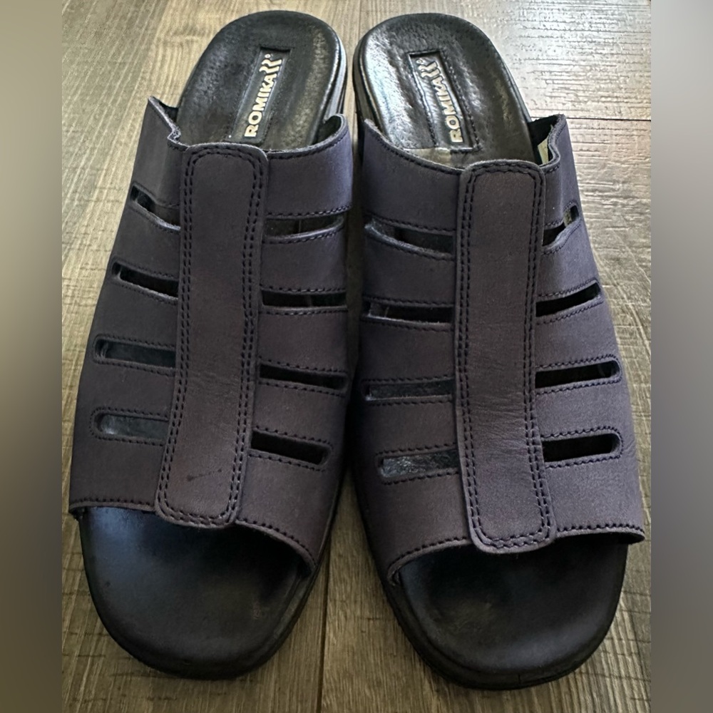 ROMIKA Women’s Blue Leather Slide Open Toe Low Wedge Sandals US Size 9.5, EU 40